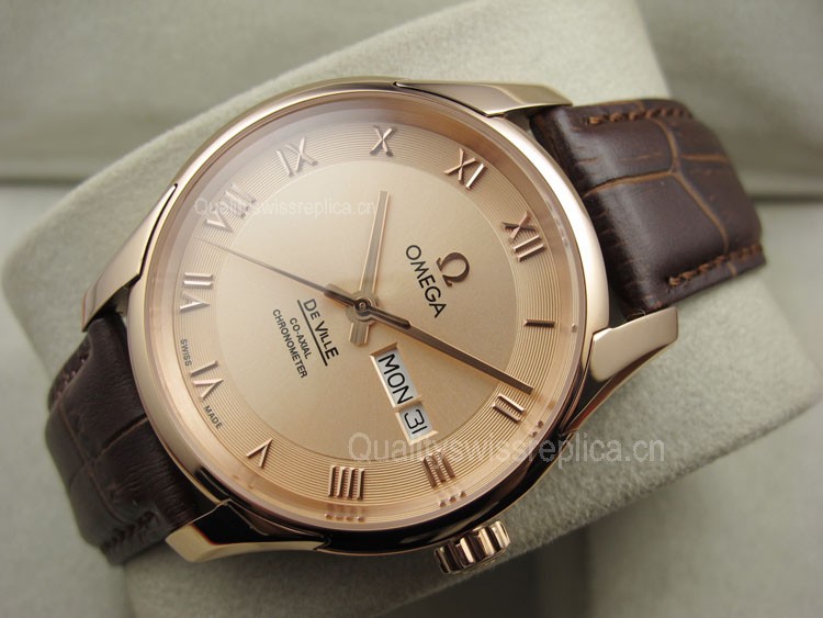 Omega De Ville Automatic Watch Rose Gold-Golden Dial With Roman Numeral Marker-Brown Leather Strap