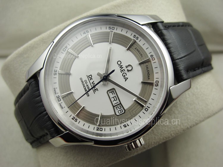Omega De Ville Automatic Watch-White Dial With Stick Marker-Black Leather Strap