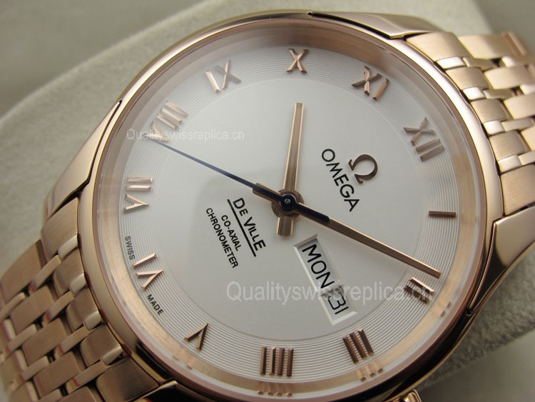 Omega De Ville Automatic Watch Rose Gold - White Dial With Roman Numeral Marker - Stainless Steel Strap