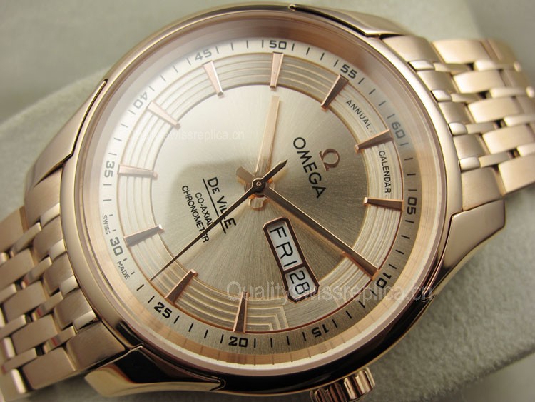 Omega De Ville Automatic Watch Rose Gold - Golden Dial With Stick Marker - Stainless Steel Strap