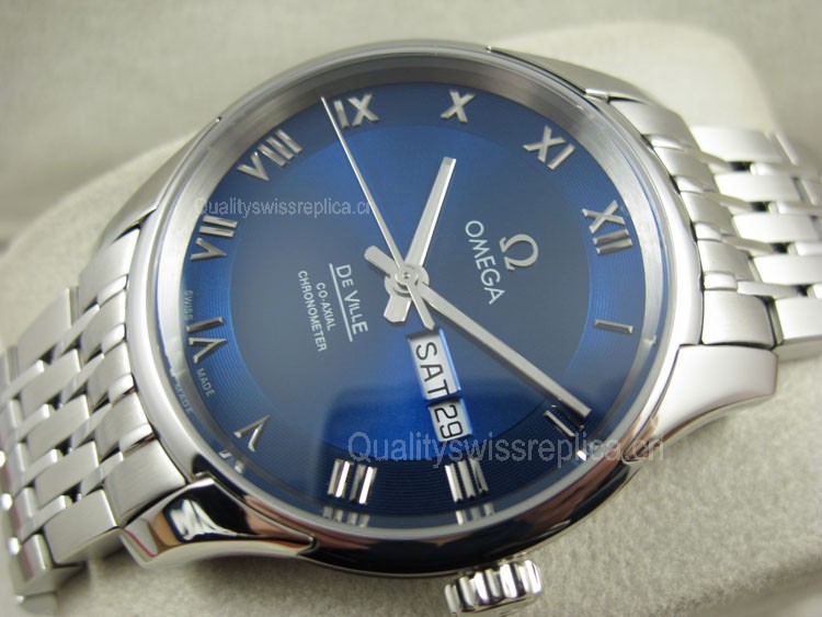 Omega De Ville Automatic Watch - Royal Blue Dial With Roman Numeral Marker - Stainless Steel Strap