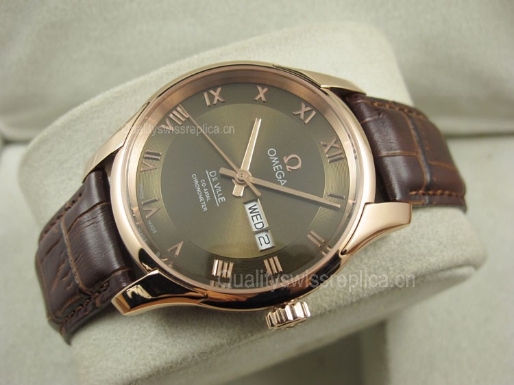 Omega De Ville Automatic Watch Rose Gold-Army Green Dial With Roman Numeral Marker-Brown Leather Strap