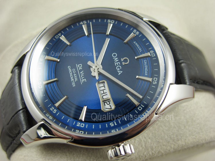 Omega De Ville Automatic Watch-Royal Blue Dial With Stick Marker-Black Leather Strap