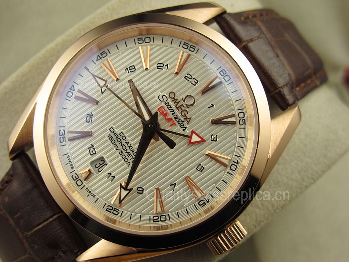 Omega Sea-Master GMT Edition Automatic Watch-Rose Gold-Vertical Stripes White Dial-Genuine Leather Brown Strap