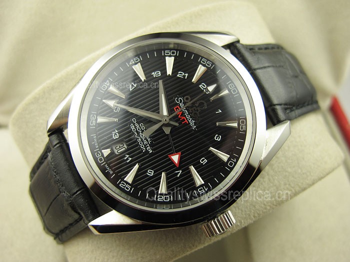 Omega Sea-Master GMT Edition Automatic Watch-Vertical Stripes Black Dial-Genuine Leather Black Strap