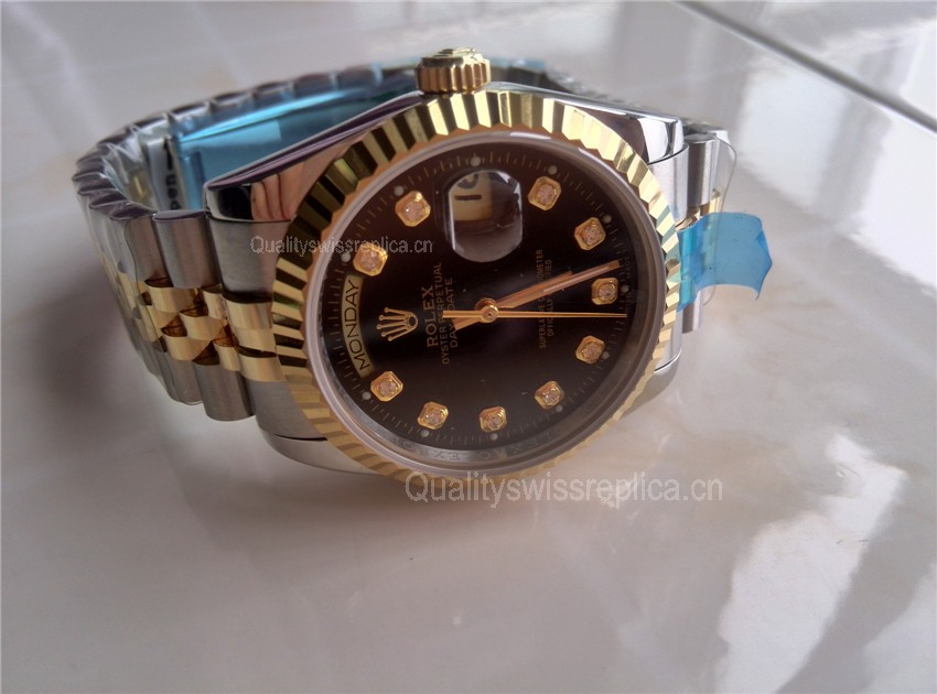 Rolex Day Date Automatic Swiss Watch 18K Gold-Black Dial Diamond Markers-Stainless Steel Jubilee Bracelet