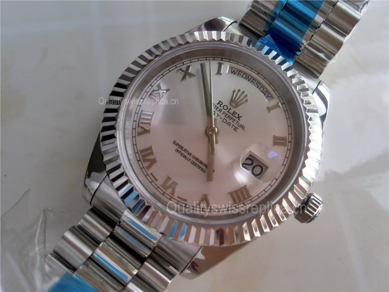 Rolex DayDate II 41mm Swiss Automatic Watch-Silver Dial Roman Numeral Markers-Stainless Steel Presidential Bracelet 