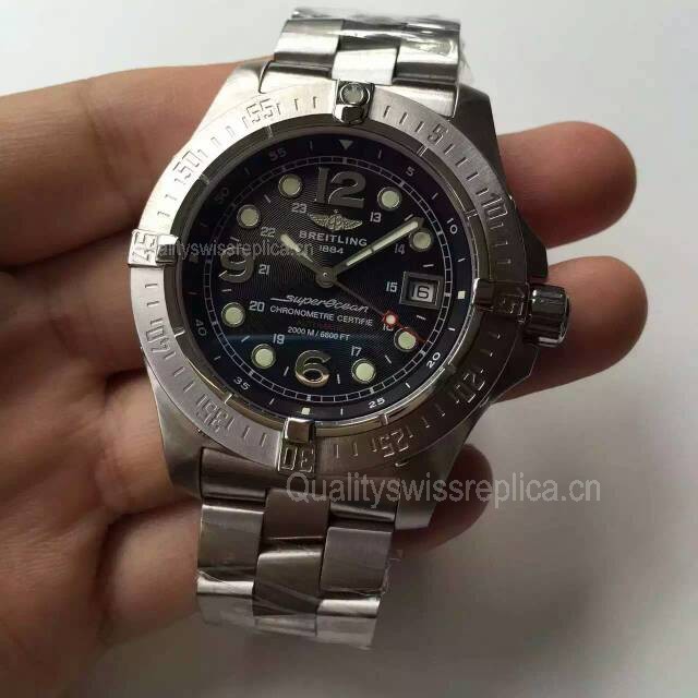 Breitling SuperOcean Swiss Automatic Watch-Black Dial with Dot Markers- Stainless Steel Bracelet