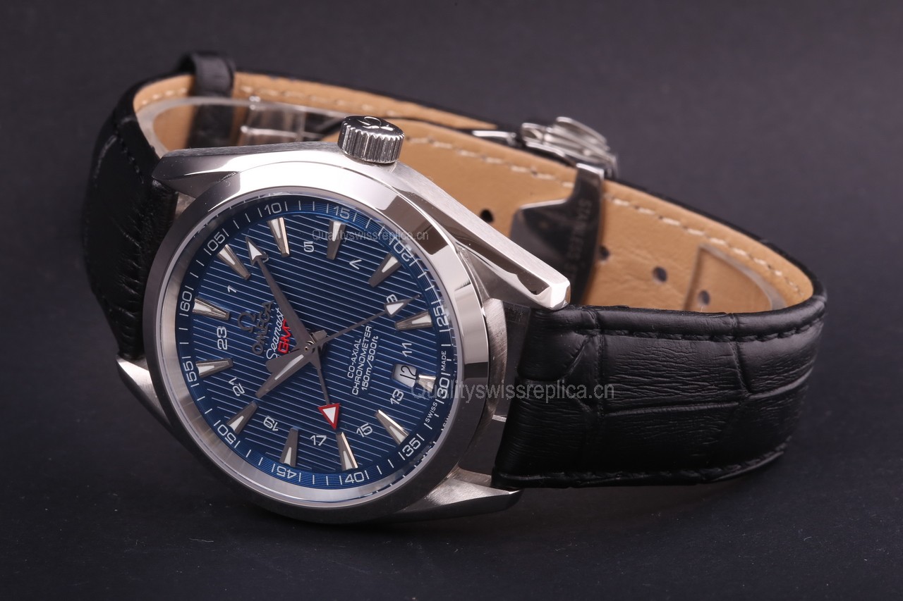 Omega Sea-Master GMT Edition Automatic Watch-Vertical Stripes Blue Dial-Genuine Leather Black Strap