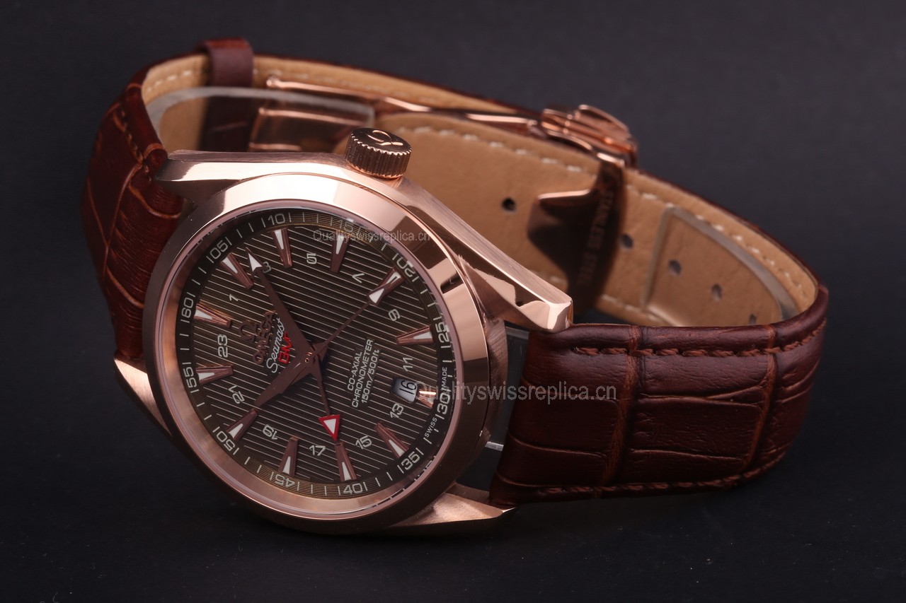 Omega Sea-Master GMT Edition Automatic Watch-Rose Gold-Vertical Stripes Brown Dial-Genuine Leather Brown Strap