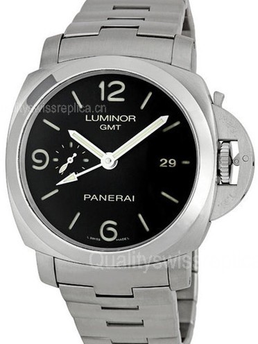 Panerai Luminor Marina PAM329 Automatic GMT Chronograph-Black Dial Numeral/Index Hour Markers-Stainless Steel Bracelet