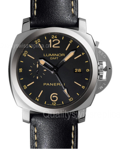 Panerai Luminor GMT Automatic Watch-Black Dial Black Leather PAM00531