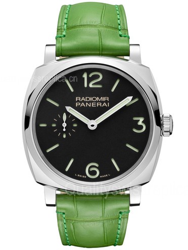 Panerai Radiomir HandWound Watch Black Dial Green Leather Strap PAM00574