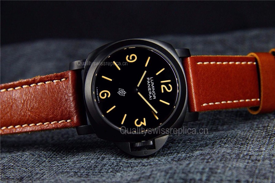 Panerai PAM360 DLC Manual Handwound Swiss Watch-Black Logo Dial-Brown Calf Leather Strap