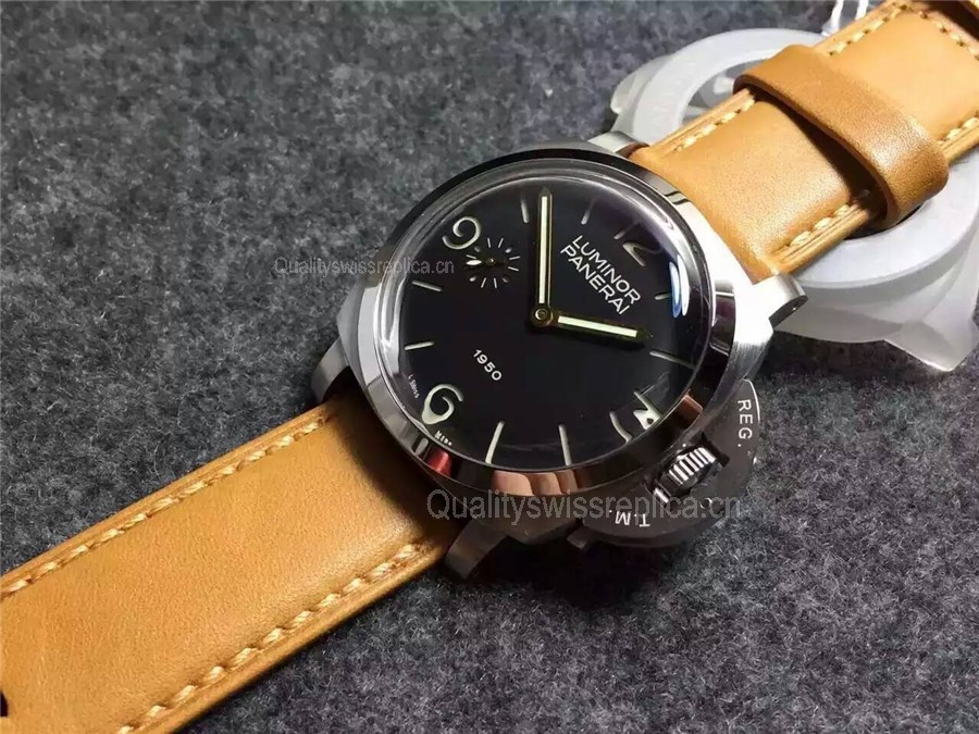 Panerai Luminor 1950 Handwound Watch-Black Dial Light Brown Leather