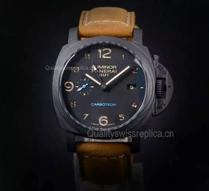 Panerai Luminor GMT Carbotech Watch-Black Dial Brown Leather