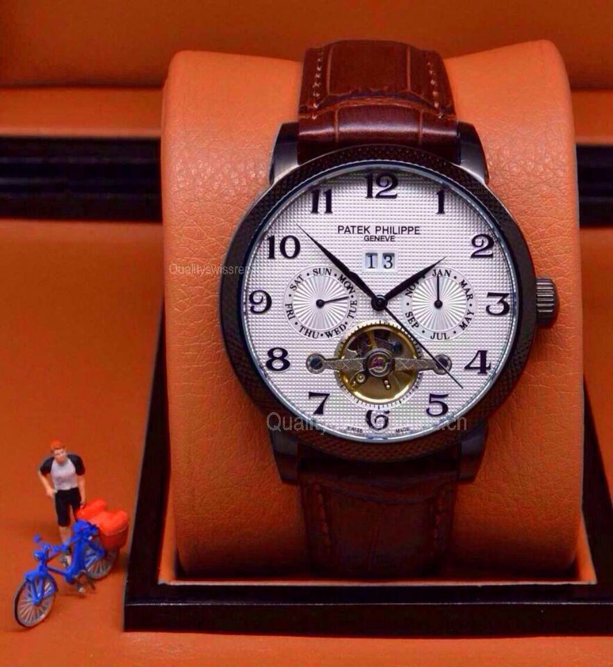 Patek Philippe Complication 482620 Tourbillon Swiss Automatic Watch - Black Steel Brown Strap - Black Markers