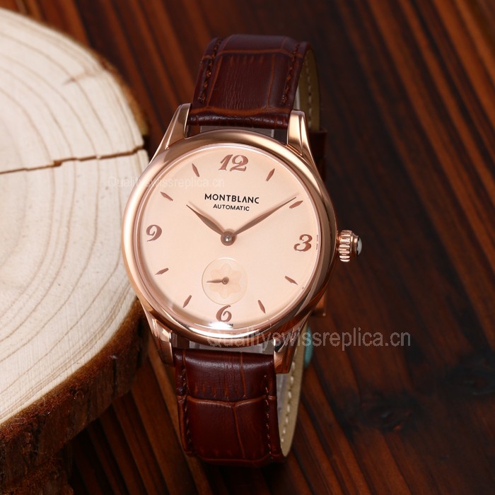 MontBlanc Star Edition Automatic Watch Small Seconds - Rose Gold Cream Colored Dial - Brown Leather Strap