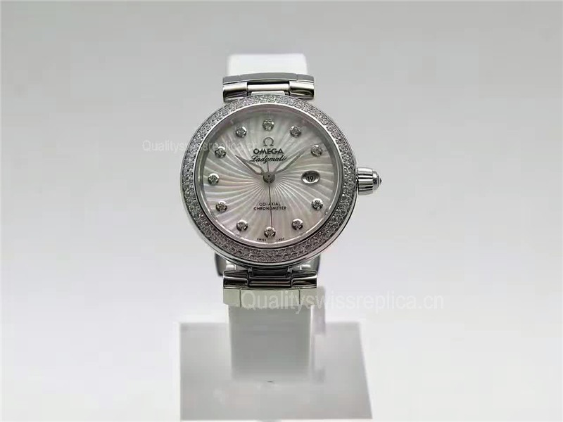 Omega Deville Ladymatic Diamond Swiss Automatic Watch-White Coral Design Dial-White Leather strap