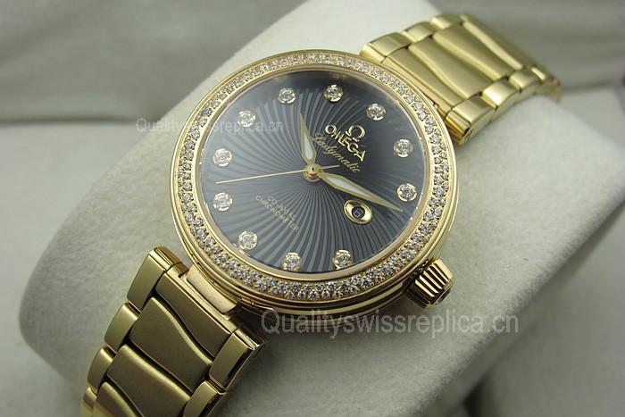 Omega Deville Ladymatic Diamonds Automatic Watch Yellow Gold Black Dial 34mm