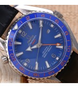 Omega Sea-Master GMT Automatic Watch-Ceramic Bezel-Blue Dial With Orange GMT Hand-Black Leather Strap