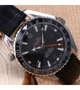 Omega Sea-Master GMT Automatic Watch-Ceramic Bezel-Black Dial With Orange GMT Hand-Black Leather Strap