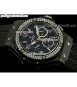 Hublot Big Bang BLACK MAGIC Limited Edition Chronograph-Black Dial Numeral Hour Markers-Diamond Bezel-Black Rubber Strap