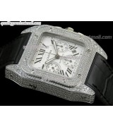 Cartier Santos 100th Anniversary Automatic Watch-White Dial Diamond Crested Bezel-Black Leather Strap