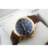 Omega De Ville Automatic 18k Rose Gold-Blue Dial-Gormment Markers-Brown Genuine Leather Strap