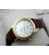 Omega De Ville Automatic 18k Gold-White Dial-Gormment Markers-Brown Genuine Leather Strap