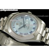 Rolex DayDate II 41mm Swiss Automatic Watch-White Dial Blue Roman Numeral Markers-Stainless Steel Presidential Bracelet