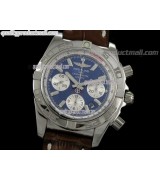 Breitling Chronomat B01 Chronograph-Blue Dial Index Hour Markers-Brown Leather Strap 