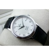 Omega De Ville Automatic-White Dial-Roman Number Markers-Black Genuine Leather Strap