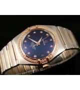 Omega Constellation OM6101 Automatic-18k Rose Gold Blue Dial-Stainless Steel TT Linked Strap