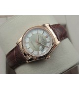 Rolex Datejust 36mm Swiss Automatic Watch Rose Gold-White&Silvery Dial Stick Markers-Brown Leather Bracelet