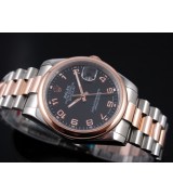 Rolex Datejust E709 Automatic 18k Rose Gold-Black Dial Number Markers-Stainless Steel Strap