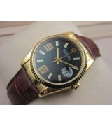 Rolex Datejust 36mm Swiss Automatic Watch 18K Gold-Black Dial Diamond Stick Markers-Brown Leather Bracelet