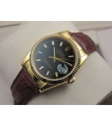 Rolex Datejust 36mm Swiss Automatic Watch 18K Gold-Black Dial Stick Markers-Brown Leather Bracelet