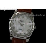 Rolex Cellini Swiss Quartz Watch-MOP White Dial Roman Numeral Hour Markers-Brown Leather strap