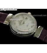 Omega Deville Ladymatic Diamond Swiss Automatic Watch-White Coral Design Dial-Purple Leather strap