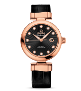 Omega Ladymatic 18k Rose Gold Swiss Automatic Watch-Black Coral Design Dia-Black Leather Strap