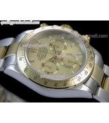 Rolex Daytona Swiss 18K Gold Bi Tone Chronograph-Gold Dial Gold Ring Subdials-Stainless Steel Oyster Bracelet