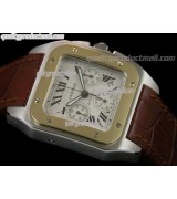 Cartier Santos 100th Anniversary Automatic Watch 18K Gold-White Dial-Crocodile Brown Leather Strap