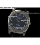 Rolex Cellini Swiss Quartz Watch-Blue Dial Swiss Cut CZ Diamond Hour Markers-Black Leather strap 