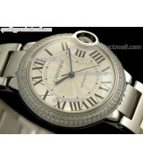 Cartier Blue Ballon Mid Sized Swiss Watch-White Dial Diamond Crested Bezel-Stainless Steel Bracelet 