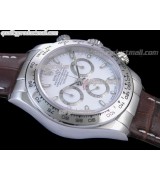 Rolex Daytona Swiss Chronograph-White Dial, Silver Ring Subdails-Genuine Brown Leather Strap 