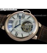 Cartier Blue Ballon Flying Tourbillon Watch 18K Rose Gold-White Duo Tier Dial-Brown Leather Strap