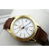 Omega De Ville Automatic 18k Gold-White Dial-Gormment Number Markers 4 Needles-Brown Genuine Leather Strap