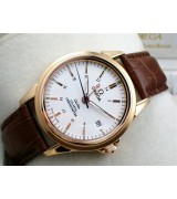 Omega De Ville Automatic 18k Rose Gold-White Dial-Gormment Markers 4 Needles-Brown Genuine Leather Strap