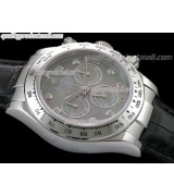 Rolex Daytona Swiss Chronograh-Black MOP Dial, Silver Ring Subdials-Genuine Black Leather Strap